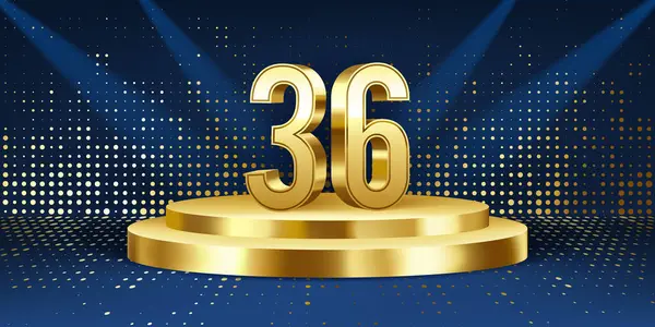 36周年庆祝的背景 金色的3D数字在一个金色的圆形讲台上 背景灯光 — 图库矢量图片