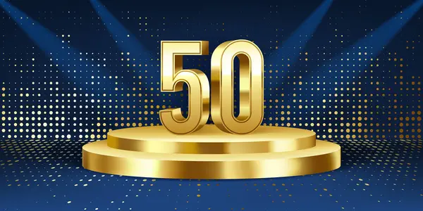 stock vector 50th Year anniversary celebration background. Golden 3D numbers on a golden round podium, with lights in background.
