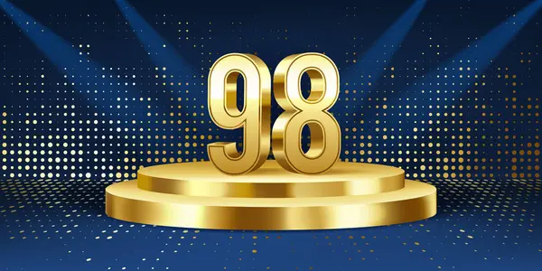 98周年庆祝的背景 金色的3D数字在一个金色的圆形讲台上 背景灯光 — 图库矢量图片