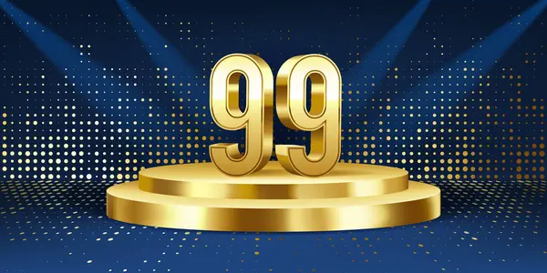 99周年庆祝的背景 金色的3D数字在一个金色的圆形讲台上 背景灯光 — 图库矢量图片