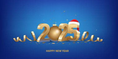 Mutlu yıllar 2025. Noel Baba şapkalı altın 3D rakamlar, altın Noel balosu ve mavi arka planda konfeti..