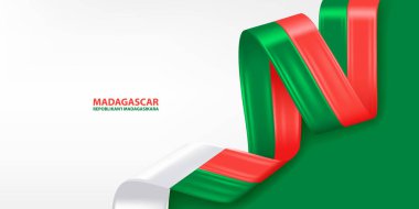 Madagaskar 3D kurdele bayrağı. Madagaskar bayrağının renginde 3D bayrak sallıyordu. Ulusal bayrak arkaplan tasarımı.