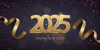 Mutlu yıllar 2025. Kurdeleli altın sayılar ve arka planda koyu renk ışıklı konfeti..