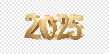 Mutlu yıllar 2025. Şeffaf arkaplanda izole edilmiş üç boyutlu altın sayılar. Tatil tebrik kartı tasarımı.