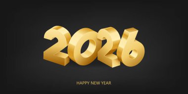 Mutlu yıllar 2026. Siyah arka planda parlak, üç boyutlu rakamlar. Tatil tebrik kartı tasarımı.