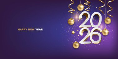 Mutlu yıllar 2026. Noel süslemeleri ve mor arka planda konfetileri olan beyaz ve altın renkli 3 boyutlu numaralar. Tatil tebrik kartı tasarımı.