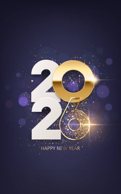 Mutlu yıllar 2026. Beyaz kağıt numaraları ve koyu mavi arka planda altın konfetileri olan altın rakamlar. Tatil tebrik kartı tasarımı.