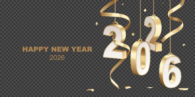 Mutlu yıllar 2026. Kurdeleli ve konfetili, şeffaf arkaplanda izole edilmiş altın beyaz 3D asma numaraları..