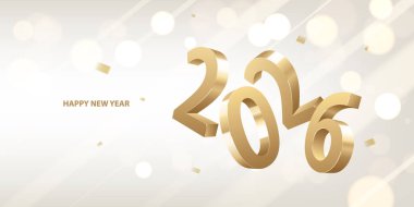 2026 yılınız kutlu olsun. Altın konfetili beyaz arka planda altın gibi parlak sayılar. Tatil tebrik kartı tasarımı.