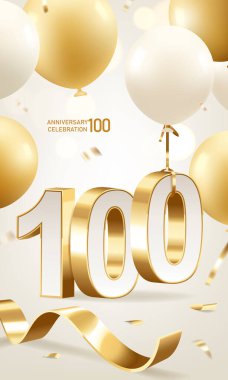 100. yıl dönümü kutlamaları. Altın kurdeleli altın 3D numaralar ve arka planda bokeh ışıkları olan balonlar..