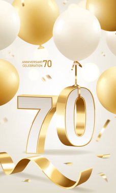 70. yıl dönümü kutlamaları. Altın kurdeleli altın 3D numaralar ve arka planda bokeh ışıkları olan balonlar..