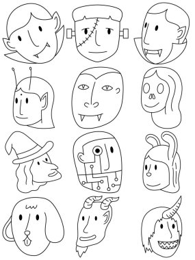 Avatar cadılar bayramı vektör seti, Avatar basit çizgi film tarzı. Basit cadılar bayramı çizgi film stili.