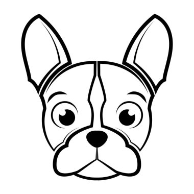 Fransız buldog kafasının siyah-beyaz çizgisi. Sembol maskotu avatar dövmesi T-Shirt tasarım logosu ya da herhangi bir tasarım için iyi bir kullanım.