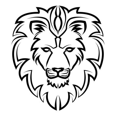 Aslan kafasının önündeki siyah beyaz çizgi sanatı leo zodiac sembolü. Sembol maskotu avatar dövmesi T-Shirt tasarım logosu ya da herhangi bir tasarım için iyi bir kullanım alanı.