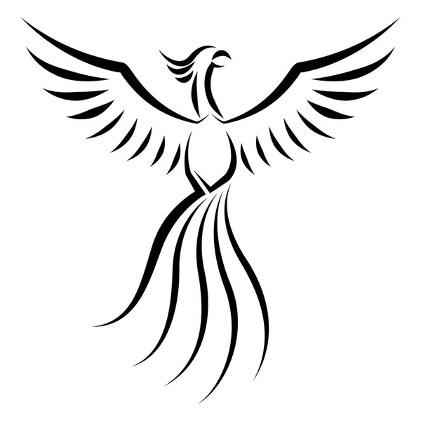 空飛ぶフェニックスの黒と白のラインアートシンボルマスコットアイコンアバタータトゥーのための良い使用Tシャツデザインロゴや任意のデザイン — ストックベクタ