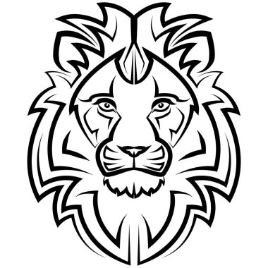 Aslan kafasının önündeki siyah beyaz çizgi sanatı leo zodiac sembolü. Sembol maskotu avatar dövmesi T-Shirt tasarım logosu ya da herhangi bir tasarım için iyi bir kullanım alanı.