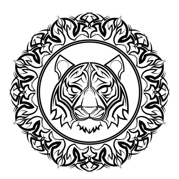 Modèle Circulaire Forme Mandala Avec Tête Tigre Line Art — Image vectorielle