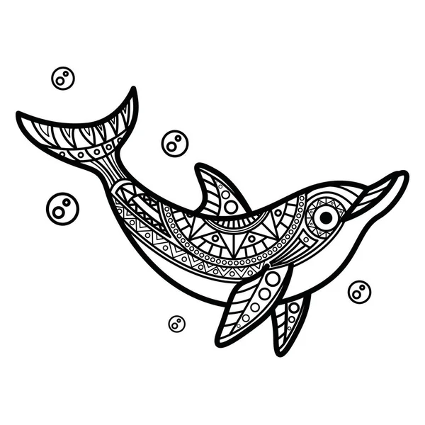 Black White Mandala Line Art Delphin Good Use Symbol Maskot — Stockový vektor