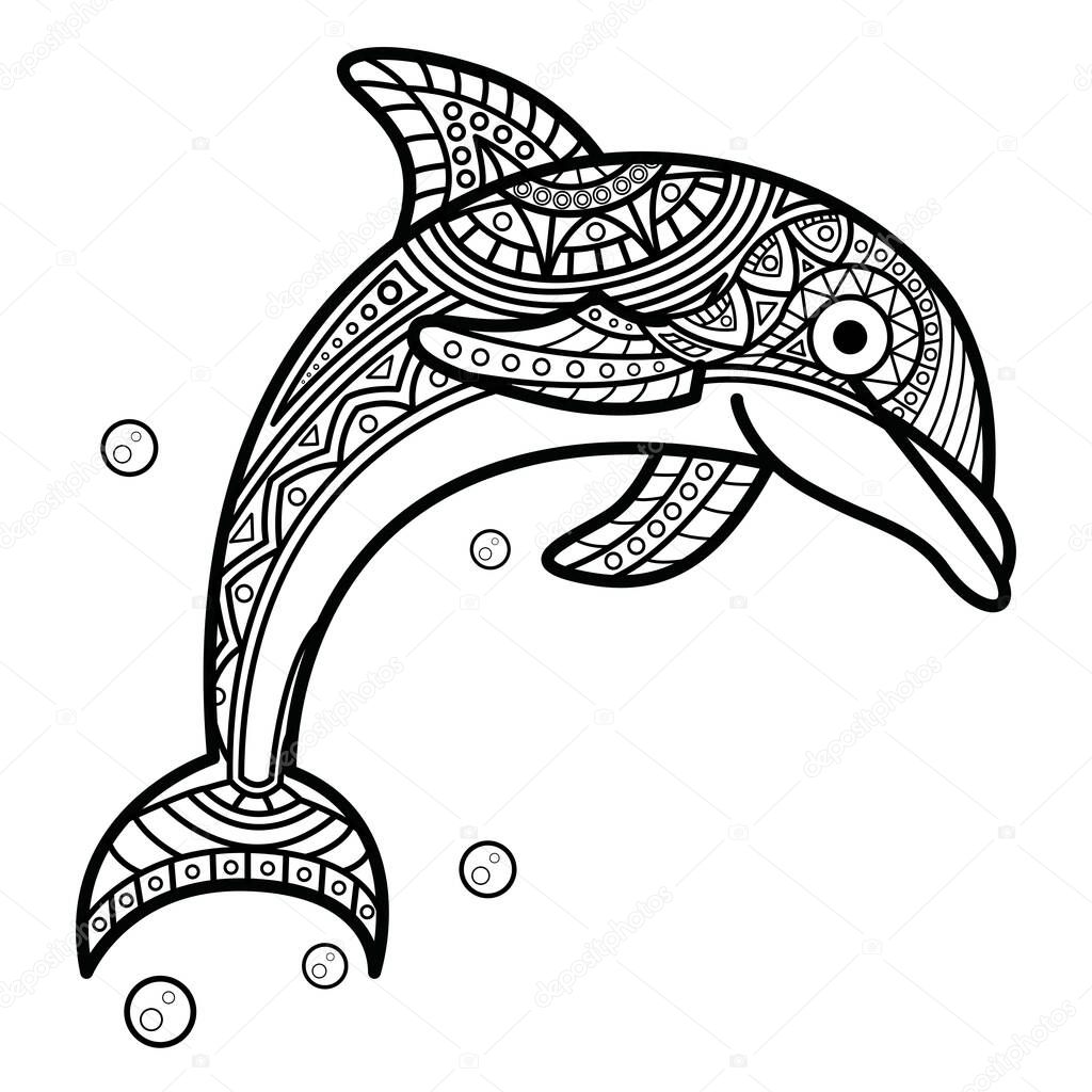 Black and white mandala line art of the dolphin Good use for symbol mascot icon avatar tattoo T Shirt design logo or any design