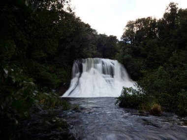 Long exposure shot of Aniwaniwa Falls waterfall near Lake Waikaremoana in Te Urewera National Park Hawkes Bay North Island New Zealand