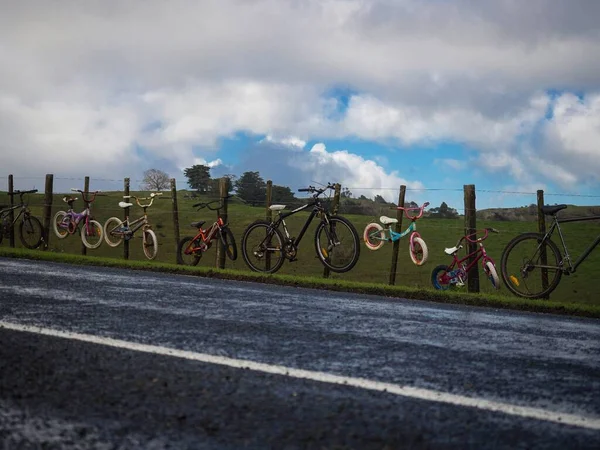 Multiple old bicycles bikes fixed hung displayed on roadside fence decoration in Kawhia Road Oparau Waikato North Island New Zealand