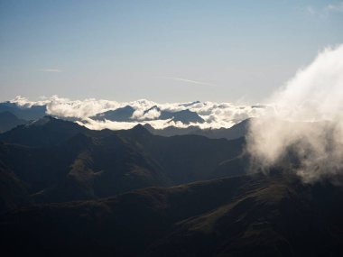 Alpine mountain silhouette layers, nature landscape panorama seen from Mount Armstrong Brewster Hut West Coast Otago Southern Alps South Island New Zealand