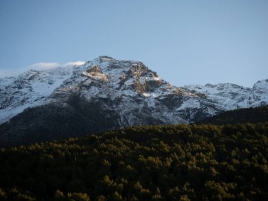 Güney Alp Dağları 'nın tepelerinde kar yağdı. Buzul Yanığı Pisti yakınlarındaki yeşil ağaçların önünde Kinloch Dart Dart Nehri Gölü Wakatipu Glenorchy Otago Güney Adası Yeni Zelanda' da başladı.
