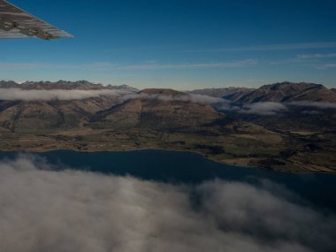 Uçak koltuğu manzarası Wakatipu Gölü dağ manzarası, Güney Alpleri, Glenorchy, Queenstown, Otago, Güney Adası, Yeni Zelanda