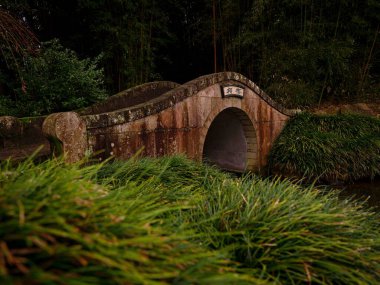 Çin alimleri 'Garden Hamilton Gardens Waikato North Island Yeni Zelanda' daki yemyeşil bitki örtüsü ile küçük bir derenin üzerindeki geleneksel köprünün bir kopyası.