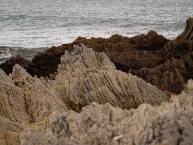 Rocky engebeli kıyı şeridi jeolojik katmanlı kaya oluşumları, Kaikoura Yarımadası Pasifik Okyanusu kıyısı Canterbury Güney Adası Yeni Zelanda