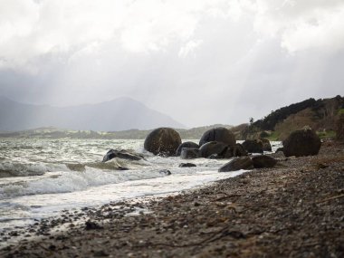 Koutu Boulders küresel yuvarlak şekilli kaya oluşumları Hokianga Limanı sahil kıyısı Opononi Northland Kuzey Yeni Zelanda 'daki beton jeolojik fenomen.