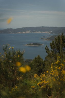 Vertical landscape of the estuary of Muros and Noia with views of the island of A Creta. Sunny spring day, holidays in Galicia. clipart