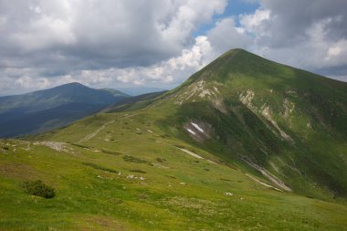 Dağ yaz manzarası, Karpatlar, Chornohora sırtı, Hoverla dağı (2061 m). Çekici bir görüntü. Canlı bir duvar kâğıdı. Sihirli Karpatlar.