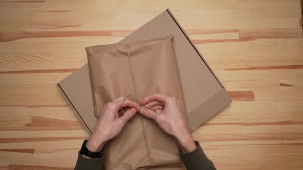Two Men Hands Pack Package Craft Brown Paper Place Brown — Stock Video