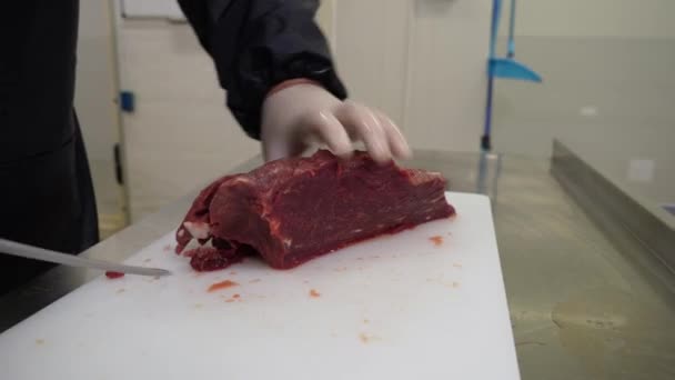 Butcher Cuts Fresh Beef Meat Sharp Fillet Knife Butcher Shop — Vídeo de stock