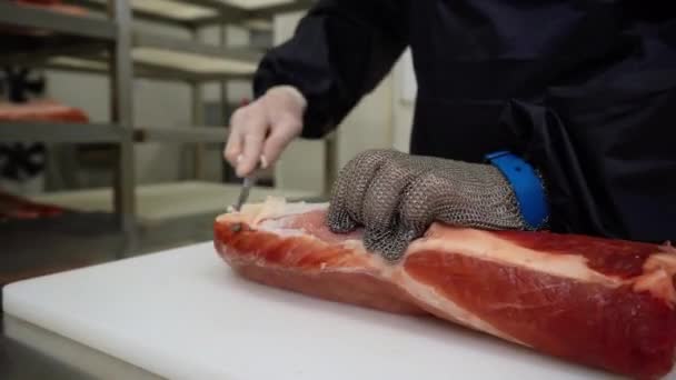 金属製の保護手袋の中の肉屋ナイフで切った白い板の上に牛肉肉の一片を埋めます 生産ラインだ 閉じろ — ストック動画