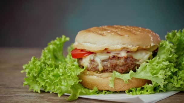 Hamburger Savoureux Repose Sur Une Table Bois Sur Fond Vert — Video