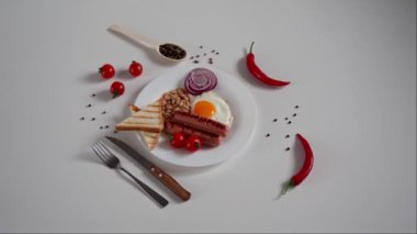 Geleneksel İngiliz Kahvaltısı. Kızarmış yumurta, iki kızarmış sosis, kızarmış ekmek tostu, konserve fasulye, mavi soğan ve beyaz arka planda vişneli domates. Boşluğu kopyala