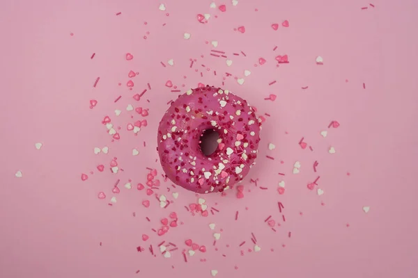 Top View Pink Glazed Doughnut Colorful Sprinkles Pink Background Pink — Stock Photo, Image