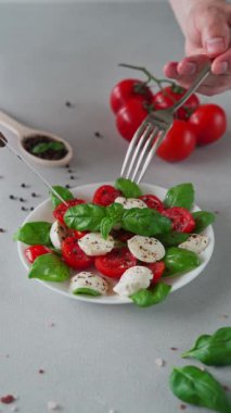Dilimlenmiş domatesli İtalyan Caprese salatası, mozzarella peyniri, fesleğen, hafif arka planda zeytinyağı. Vejetaryen yemeği. Dikey video