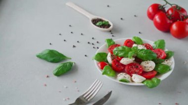 Dilimlenmiş domatesli İtalyan Caprese salatası, mozzarella peyniri, fesleğen, hafif arka planda zeytinyağı. Vejetaryen yemeği.