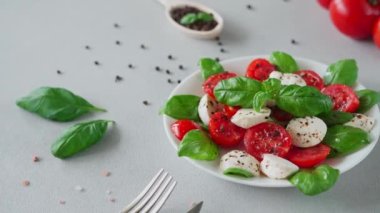 Dilimlenmiş domatesli İtalyan Caprese salatası, mozzarella peyniri, fesleğen, hafif arka planda zeytinyağı. Vejetaryen yemeği.