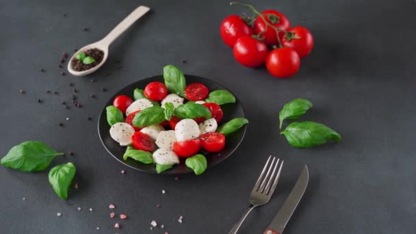 Sałatka Caprese Dojrzałymi Pomidorami Serem Mozzarella Świeżymi Liśćmi Bazylii Czarnym — Wideo stockowe