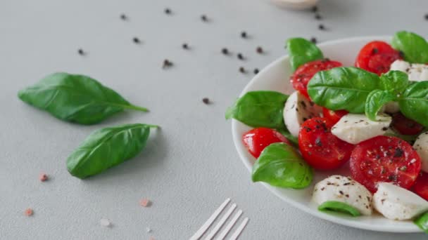 토마토 모차렐라 가벼운 배경의 올리브유를 곁들인 이탈리아 샐러드 클로즈업 — 비디오
