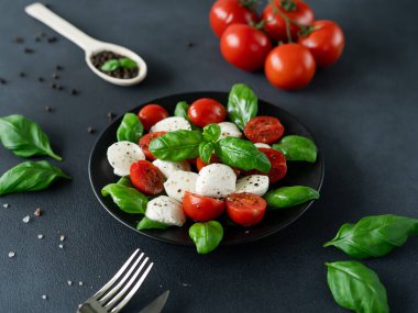 Domatesli, mozzarella ve fesleğenli Salata Caprese. İtalyan yemeği.