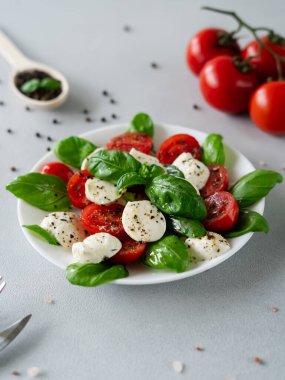 Dilimlenmiş domatesli İtalyan Caprese salatası, mozzarella peyniri, fesleğen, hafif arka planda zeytinyağı. Vejetaryen yemeği.