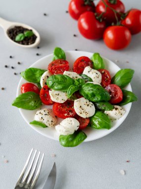 Domatesli salata, mozzarella ve fesleğen. İtalyan yemeği.