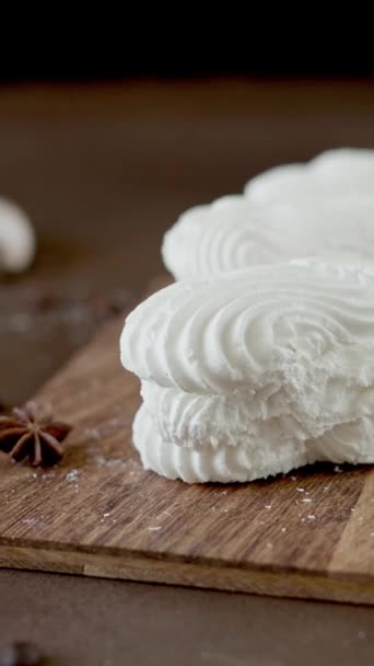 White Meringue Cookies Cream Wooden Board Whipped Egg Cream Cookies — Stock Video