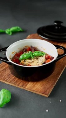 Feta peyniri, mavi soğan, kiraz domatesleri ve siyah arka planda baharatlarla zeytin yağında pişirilmiş fesleğen.