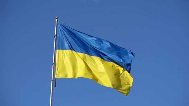 Zászló Ukrajna Kék Sárga Színekben Repül Levegőben Hátterében Kék Lassú — Stock videók